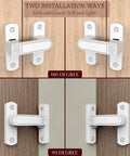 Adjustable 90 To 180 Degree Barn Door Latch Slide Lock With Knob shown in 90 and 180 degree installations on wood doors.