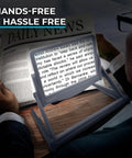 Rechargeable 5X LED Page Magnifier With Foldable Stand Eye Care Anti Glare Lens 24 LED Lights 3 Color Light Modes in use