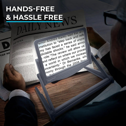 Rechargeable 5X LED Page Magnifier With Foldable Stand Eye Care Anti Glare Lens 24 LED Lights 3 Color Light Modes in use