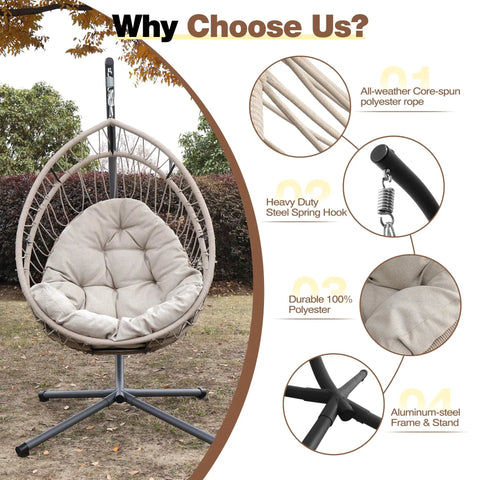 Hanging Egg Chair With Stand Foldable Hammock Swing Chair Built For All Weather Use With Core Spun Polyester Rope And Yarn Dyed Cushion