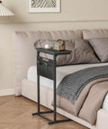 C Shaped End Table For Small Spaces With Storage Bag, Space Saving Couch Side Table By Bed In Bedroom, Black LET501B