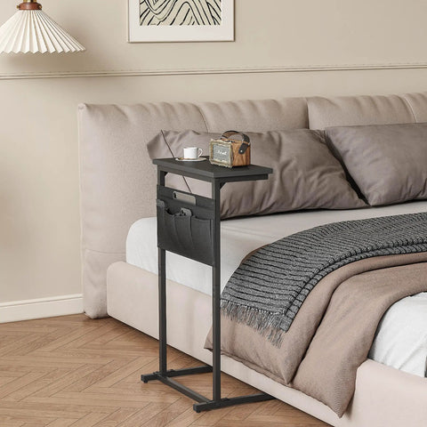 C Shaped End Table For Small Spaces With Storage Bag, Space Saving Couch Side Table By Bed In Bedroom, Black LET501B