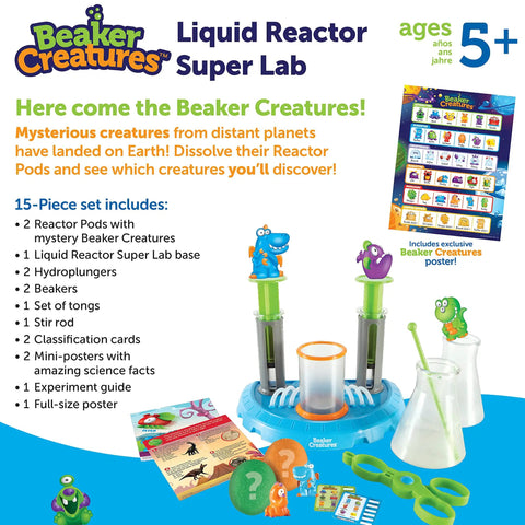 Beaker Creatures Liquid Reactor Super Lab STEM Toy Kit with reactor pods, hydroplungers, beakers, and activity cards for science fun.