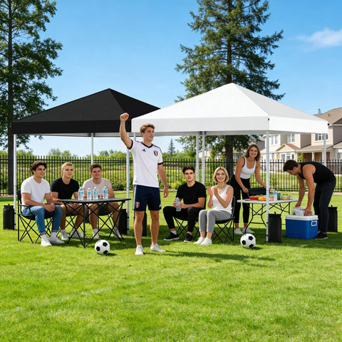 Group enjoying the shade under Instant 10x10 Pop Up Canopy Tent With Easy One Push Setup, Portable Outdoor Shelter, Silver White