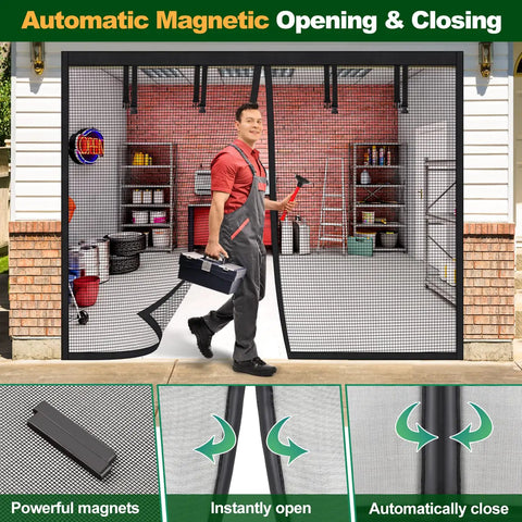 Man walking through 8x7 Ft Magnetic Garage Screen Kit For A Single Car Opening Keeps Bugs Out With Heavy Duty Fiberglass Mesh Easy Install