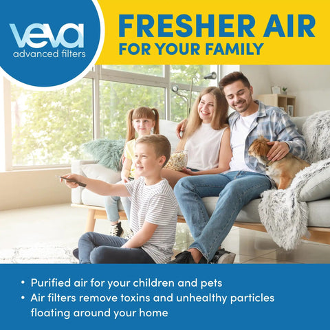 Family on sofa with dog promoting Six Pack Precut Air Purifier Filter Replacements For Honeywell HPA200 Purifiers Premium Activated Carbon Pre Filters That Help Knock Out Odors Smoke Pet Dander Cooking Fumes And Everyday Indoor Air Quality.