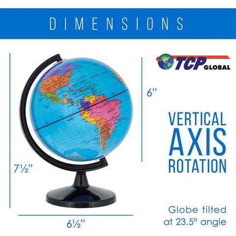 Blue Ocean 6 Inch World Globe With Black Base Compact Mini Political Globe For Desk Or Shelf Vertical Axis Rotation With 23.5 Degree Tilt