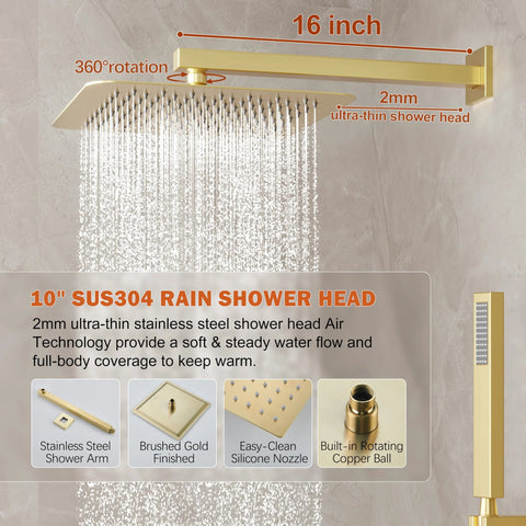 HoliSpa brushed-gold shower system with a 10-inch SUS304 rain shower head on a wall-mounted arm.