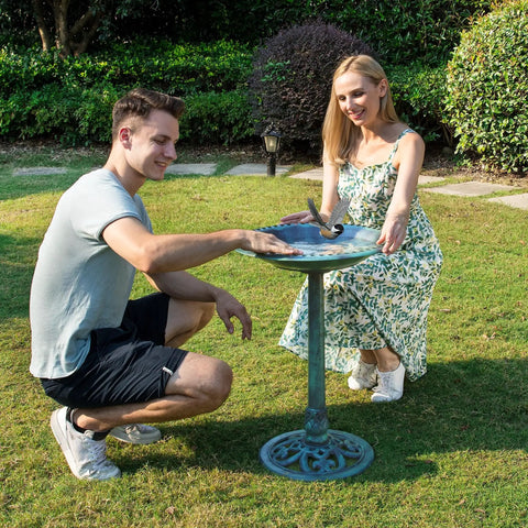 Weatherproof Polyresin Pedestal Bird Bath For Outdoors And Garden 28 Inch Tall With A 20 Inch Bowl Green Durable Stable
