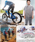 Bulk 120 Pack Clear Disposable Hooded Rain Ponchos for Adults in outdoor adventures like biking, hiking, and rafting.
