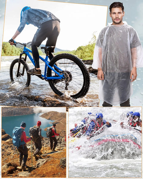 Bulk 120 Pack Clear Disposable Hooded Rain Ponchos for Adults in outdoor adventures like biking, hiking, and rafting.