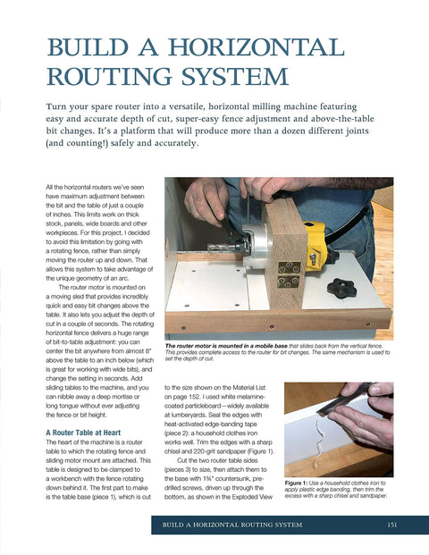 Jigs and Fixtures for the Table Saw and Router: 26 Innovative Designs to Maximize Your Tools, Speed Up Projects, and Level Up Your Woodworking Game for Pro Grade Results. router jig book page showing horizontal routing system and edge banding