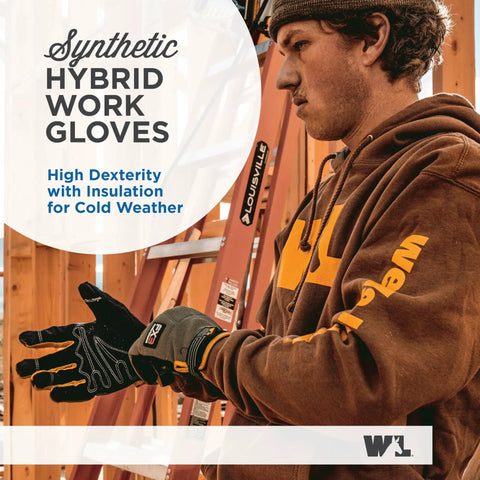 Man wearing Hardworking Insulated Synthetic Leather Winter Work Gloves For Men With 3M Thinsulate, fleece-lined, brown jacket.