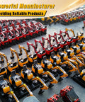 Pro Grade Mini Excavator Attachments Kit With Narrow Bucket Ripper Rake Auger Grapple Quick Hitch Screening Bucket Eight Piece Set For Compact Excavators US Stock Ready To Ship From Local Warehouse product display in warehouse