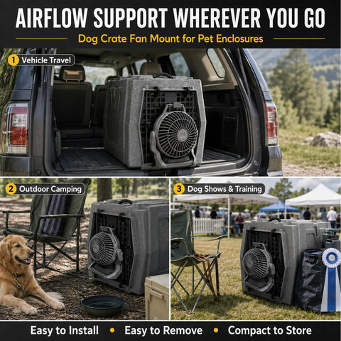 Keep The Pup Squad Chill As The Summer Temps Rise Using This Trusty 2 Pack Fan Mounting Clip That Secures Battery Operated Blowers Firmly Inside Any Standard Dog Crate Or Pet Enclosure Setup in a vehicle and outdoors.