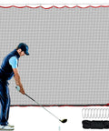 Golfer in front of Beefy Heavy Duty Multi Sport Practice Net For Golf Baseball Soccer Hockey Lacrosse In Backyard Driving Range Use 10x10ft Containment Net With 0.75 Inch Mesh And 3mm Polyester Cord For High Impact Training, hooks and rope visible