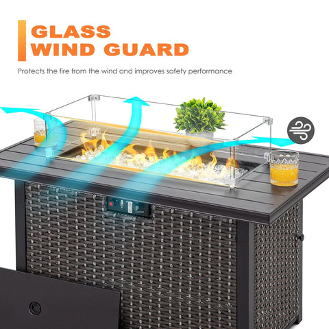 Rectangular Fire Pit Wind Guard For 52 Inch Tables, 27.6 X 11.7 X 6.5 Inches, Transparent Tempered Glass With Polished Aluminum Brackets
