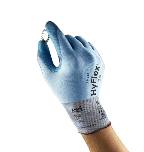 Close-up of HyFlex Cut Resistant Work Gloves For Men And Women Blue XL, showing dexterity while gripping small part with PU coating.