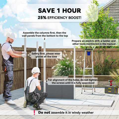 Assembly instructions for No Nonsense 8x4 Outdoor Storage Shed Made Of Waterproof Resin Plastic with two workers and tools