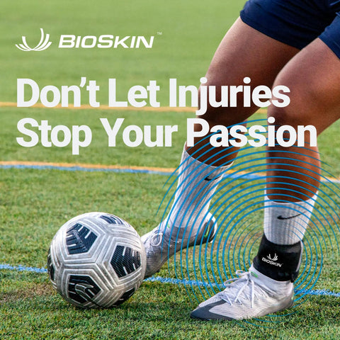Person wearing TriLok Ankle Brace With Figure Eight Stabilizer And FootLok Arch Lift playing soccer on grass field.