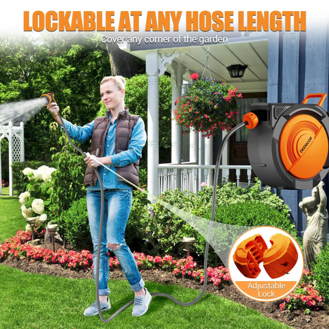 Heavy Duty Five Eighth Inch By 75 Foot Retractable Garden Hose Reel Wall Mount With 10 Pattern Nozzle In Garden Use