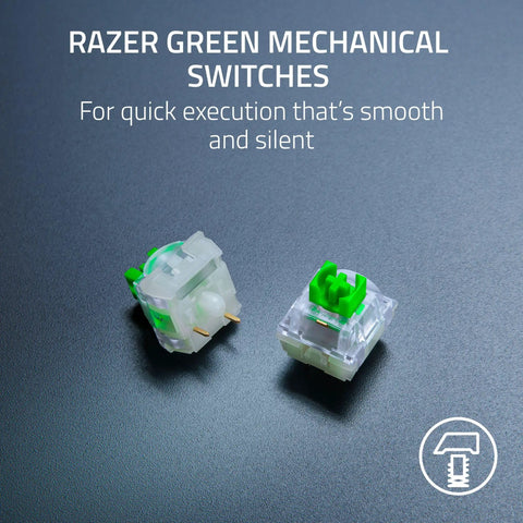 Razer Green Mechanical Switches for quick execution featuring a green top and transparent body, suitable for gaming keyboards.