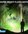 Person using Rechargeable LED Flashlight Beast Bright 100,000 Lumens Tactical Torch illuminating a forest path at night, dual pack shown.