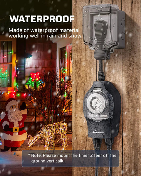 Weatherproof Timer With Dual Grounded Outlets For Outdoor Lighting And Yard Decor mounted on a wooden surface with festive lights.