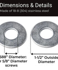 Heavy Duty Five Eighth Inch Stainless Flat Washer Pack Of 100, Built To Take A Beating And Last, One And A Half Inch Outer Diameter