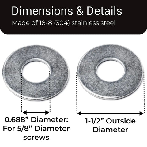 Heavy Duty Five Eighth Inch Stainless Flat Washer Pack Of 100, Built To Take A Beating And Last, One And A Half Inch Outer Diameter