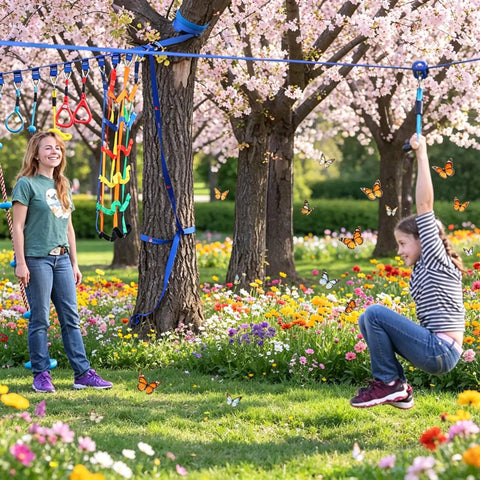 Children playing on Aluminum Zip Line Kit With Heavy Duty Pulleys And Quick Setup Trolley Slider For Backyard Or Park