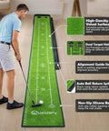 Indoor Putting Green With Auto Ball Return Wrinkle Free Golf Mat Non Slip Surface And Alignment Markings used at home