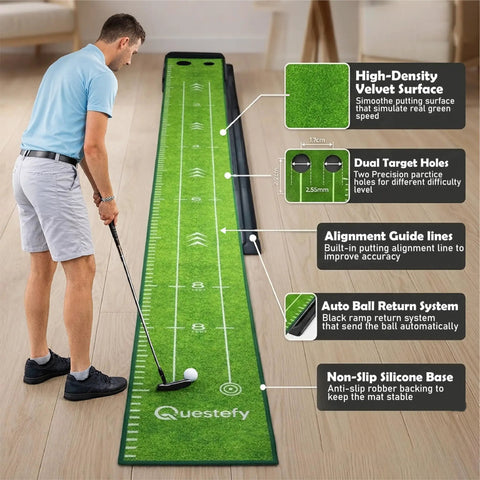 Indoor Putting Green With Auto Ball Return Wrinkle Free Golf Mat Non Slip Surface And Alignment Markings used at home