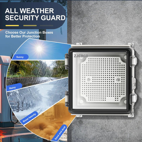 Rugged ABS Electrical Enclosure IP67 Waterproof Dustproof Outdoor Junction Box With Hinged Cover Stainless Steel Buckle Mounting Plate And Cable Gland Clear Finish Five Point Nine By Five Point Nine By Three Point Five Inches on wall