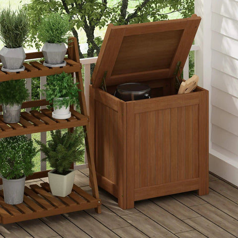 Outdoor Hardwood Storage Box With Slatted Vent Design For Drainage Raised Base Keeps Contents Dry Weather Resistant Porch Chest