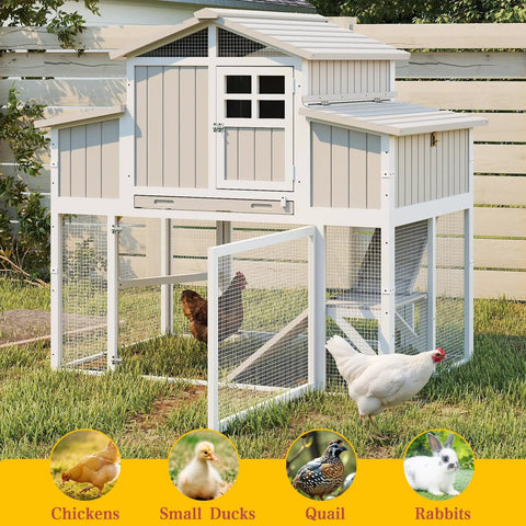 Spacious Wooden Chicken Coop With Run And Four Nesting Boxes For Backyard Farms, showing elevated main coop and ground run, ideal for chickens.