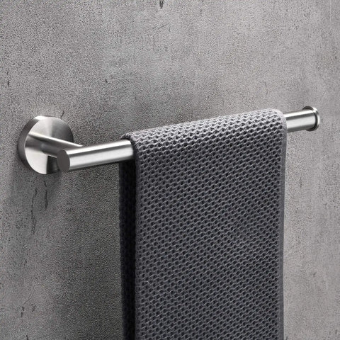 Brushed Nickel Bathroom Hardware Set 5-Piece Kit with 18-Inch Towel Bar, featuring durable SUS304 stainless steel on concrete wall.