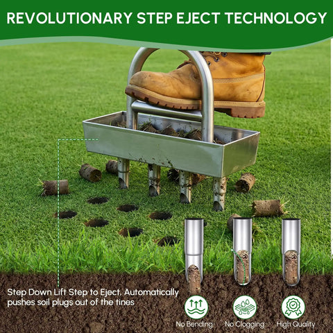 Manual Lawn Aerator With Four Stainless Steel Plug Tines, demonstrating step eject technology on grass turf.