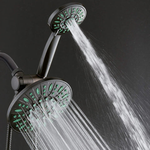 Antimicrobial Anti Clog 30 Setting High Pressure Rain Shower Head With Microban Nozzle Protection in use, dual streams visible.