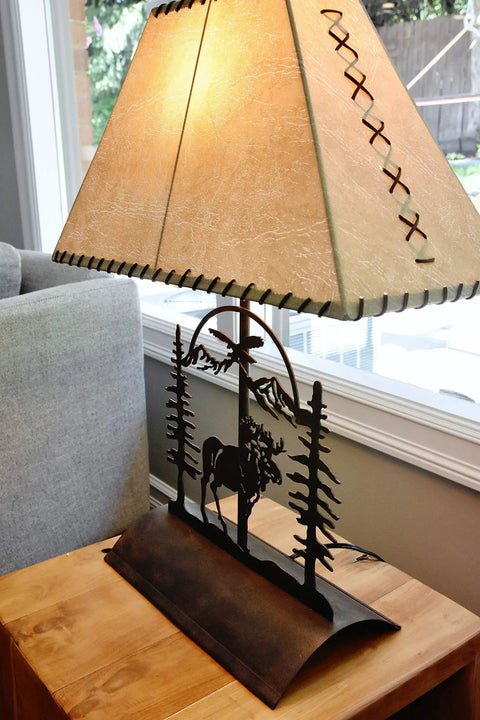 Moose Table Lamp With Rustic Patina 26 Inch Tall Inline Dimmer UL Listed 7.5 Foot Cord Cabin Living Room Lighting Cozy Rustic Vibe