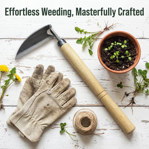 Flat lay of Pro Grade Weeding Sickle Garden Tool For Lawn And Grass Sharp High Carbon Steel Blade Hand Weeder With Durable Wooden Handle