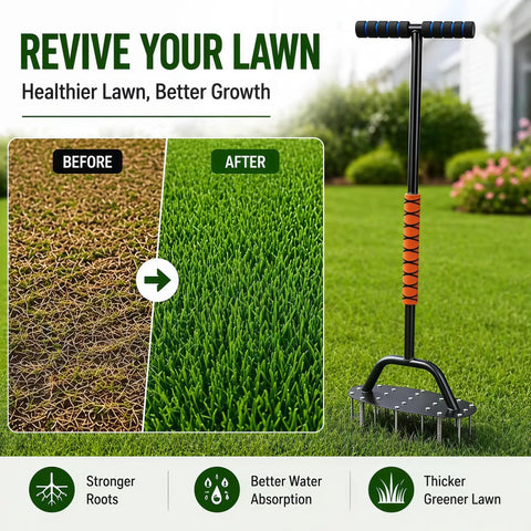 Manual Lawn Aerator With 17 Spikes by T Handle Garden shown on green lawn with before and after lawn improvement
