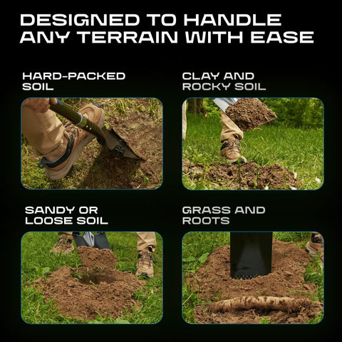 Lightweight Carbon Fiber Shovel With Ergonomic Handle For Gardening in hard-packed, clay, sandy, and grassy soil use.