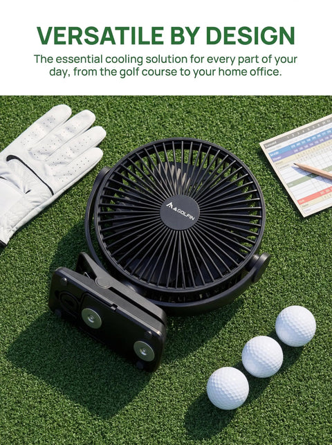 8 Inch Magnetic Clip On Fan For Golf Cart With 12000mAh Battery, shown on grass with golf accessories, featuring magnetic base.