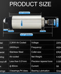 Diagram showing 2.2KW 220V Air Cooled Spindle Motor dimensions and specifications, suitable for CNC router with ER20 collet.