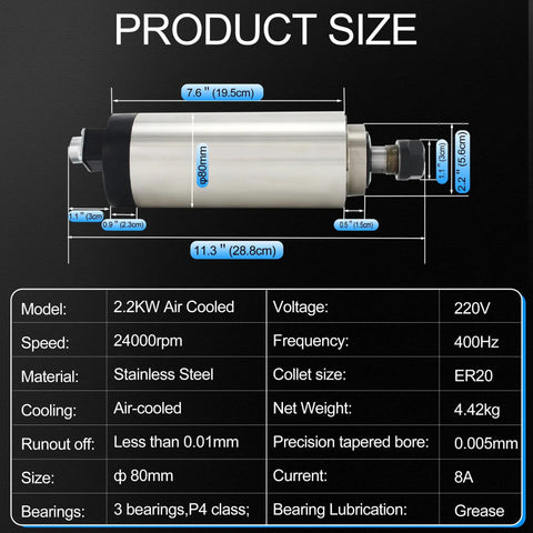 Diagram showing 2.2KW 220V Air Cooled Spindle Motor dimensions and specifications, suitable for CNC router with ER20 collet.