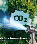 Ultra Powerful Cordless Air Duster with LED Light and 110000 RPM, 3 speed blower reducing CO2 over green forest backdrop