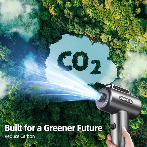 Ultra Powerful Cordless Air Duster with LED Light and 110000 RPM, 3 speed blower reducing CO2 over green forest backdrop