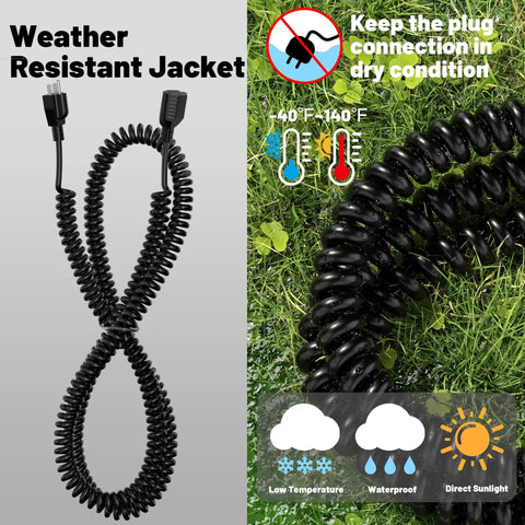16 AWG 20 Ft Black Coiled Extension Cord Heavy Duty Tough Three Prong Flexible Spiral Power Cable Weather Resistant Jacket