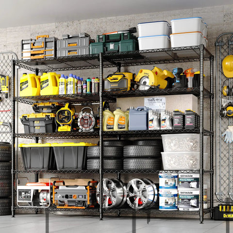 Legit Heavy Duty Five Tier Metal Storage Shelves Adjustable Industrial Steel Rack With Matte Black Rust Resistant Finish used for organizing tools and tires.